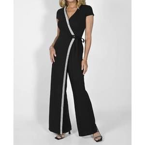 NEW FRANK LYMAN cross front rhinestone jumpsuit in black